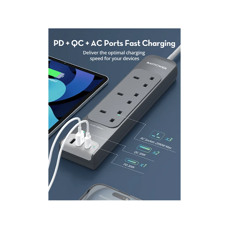 مشترك كهربائي متعدد المنافذ راف باور بمنفذ USB-C ومنفذي USB-A وتقنية PD30 و3 مقابس تيار متردد مع كابل بطول 3 أمتار