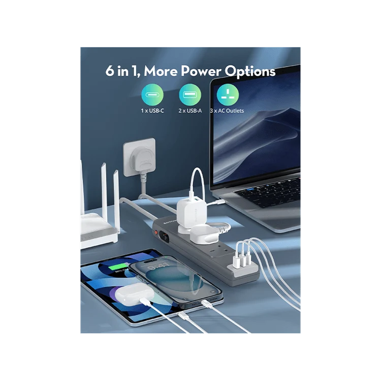 مشترك كهربائي متعدد المنافذ راف باور بمنفذ USB-C ومنفذي USB-A وتقنية PD30 و3 مقابس تيار متردد مع كابل بطول 3 أمتار
