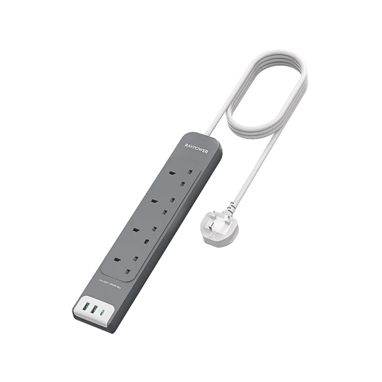 مشترك كهربائي متعدد المنافذ راف باور بمنفذ USB-C ومنفذي USB-A وتقنية PD30 و4 مقابس تيار متردد مع كابل بطول 3 أمتار