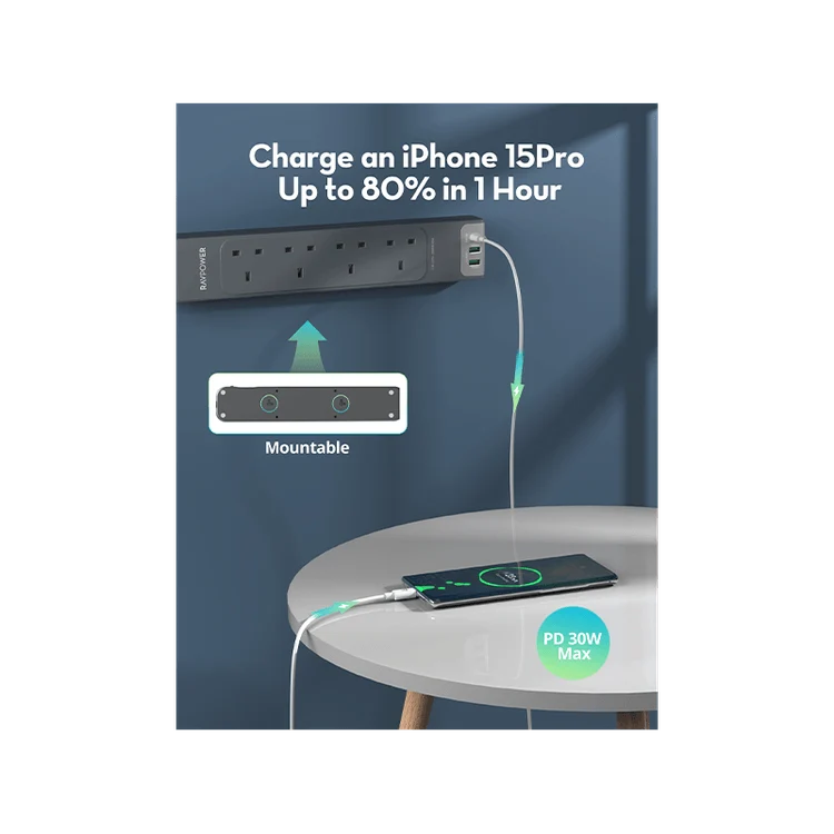 مشترك كهربائي متعدد المنافذ راف باور بمنفذ USB-C ومنفذي USB-A وتقنية PD30 و4 مقابس تيار متردد مع كابل بطول 3 أمتار