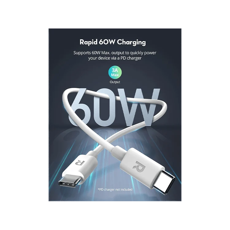 كابل راف باور من USB-C إلى USB-C بقدرة 60 واط وطول 1 متر - أسود