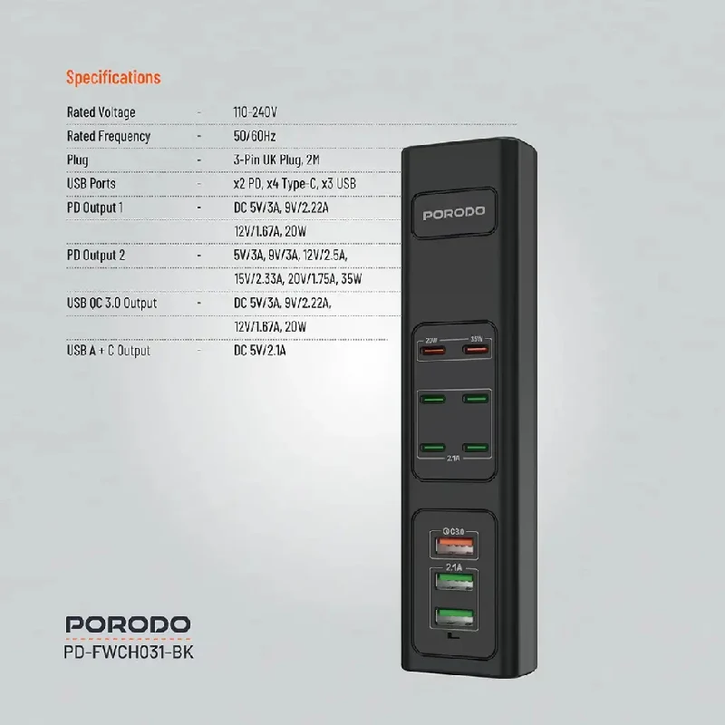 موزع شحن USB متعدد المنافذ بورودو - 85 واط / أسود