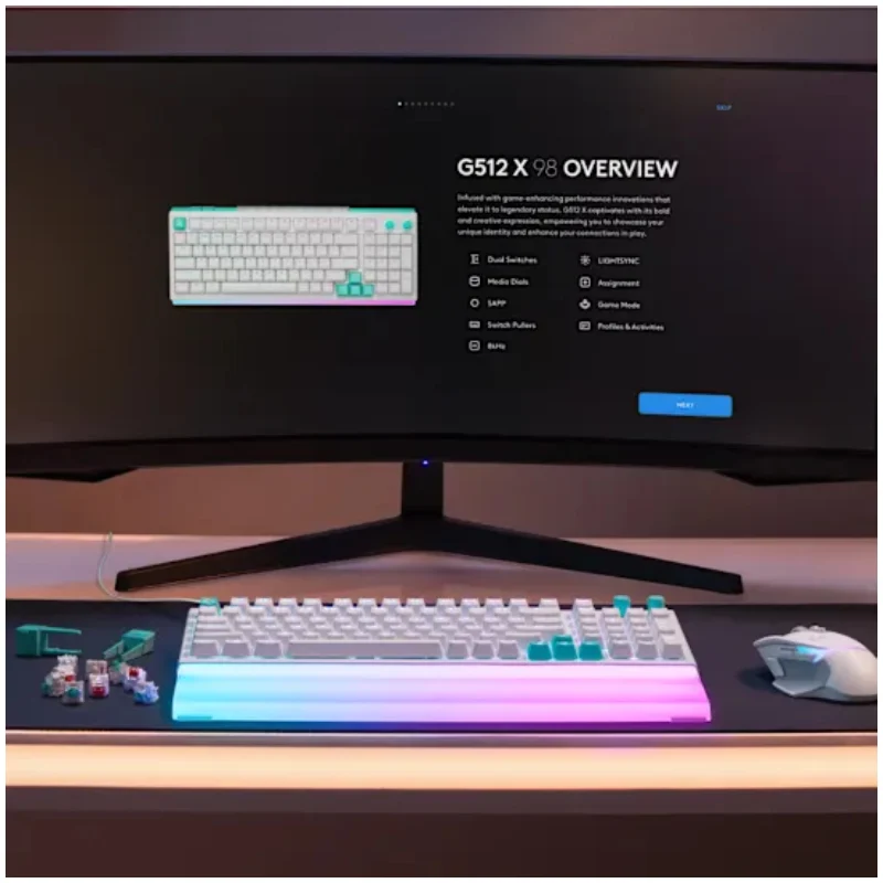 لوحة مفاتيح ألعاب لوجيتك G512 X 98 دوال سواب TMR تناظرية/ميكانيكية سلكية، بسويتش تناظري بصري وإضاءة لايت سينك RGB، باللون الأبيض