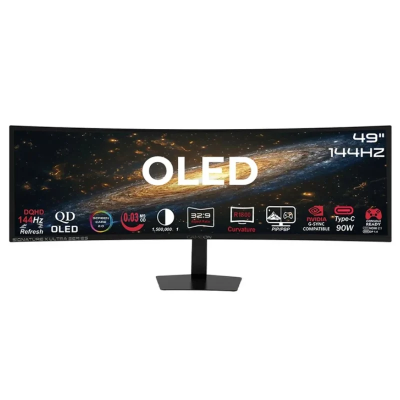 شاشة ألعاب منحنية جيم أون GOM49DQDOLD144 سلسلة سيجنتشر X ألترا - حجم 49 بوصة OLED / زمن استجابة 0.03 مللي ثانية / DisplayPort / HDMI / USB-A / USB-C / منفذ صوت - أسود