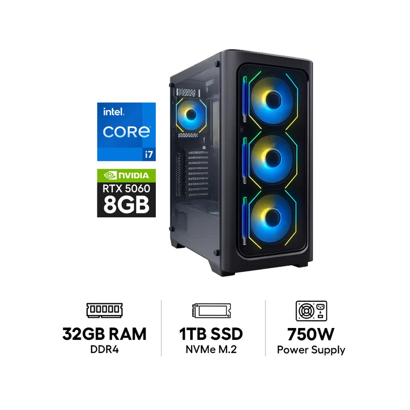 GPro Gaming PC - Intel Core i7-14700F / B760 M Motherboard / 32GB DDR4 RAM / 1TB (NVMe M.2 SSD) / NVIDIA GeForce RTX 5060 8GB Graphic Card / Win 11 Pro / 750W Power Supply