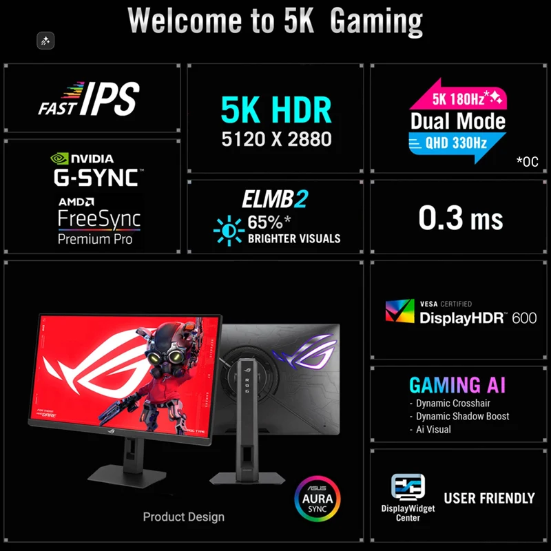 شاشة ألعاب أسوس آر أو جي ستريكس XG27JCG، مقاس 27 بوصة، 5K، تردد تحديث 180 هرتز، زمن استجابة 0.03 مللي ثانية، HDMI 2.1، ديسبلاي بورت 1.4، يو إس بي 3.0، ضمان 3 سنوات