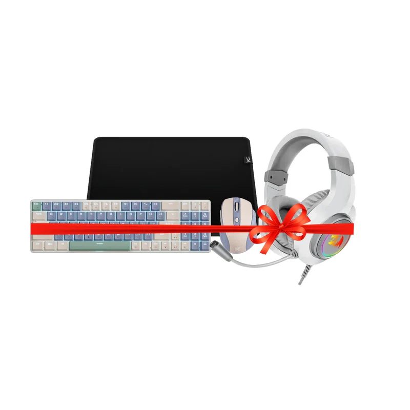 عرض باقة - سماعة رأس سلكية ريدراجون H260 هايلاس - USB + 3.5 مم / أبيض + طقم لوحة مفاتيح وماوس لاسلكي ريدراجون BS8772 - أزرق لوليبوب + وسادة ماوس ألعاب هايبر إكس بالس فاير مات - متوسط / أسود