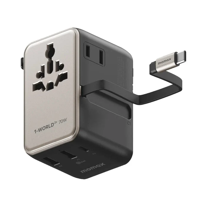 محول سفر موماكس 1-وورلد2+ بثلاثة منافذ ومخرجي AC مع كابل مدمج قابل للسحب - 70 واط / USB-A / USB-C / تيتانيوم