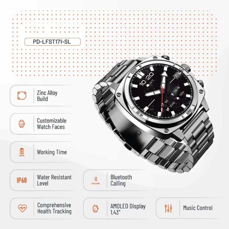 Porodo Chrono Steel Smart Watch - 1.43" AMOLED / Bluetooth / Silver