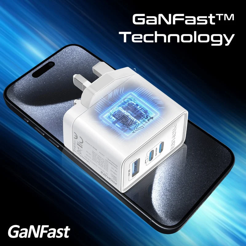 شاحن بروميت باور بورت 45 بتوصيل الطاقة وتقنية GaNFast، بقدرة 45 واط / يو إس بي سي / يو إس بي A / أبيض