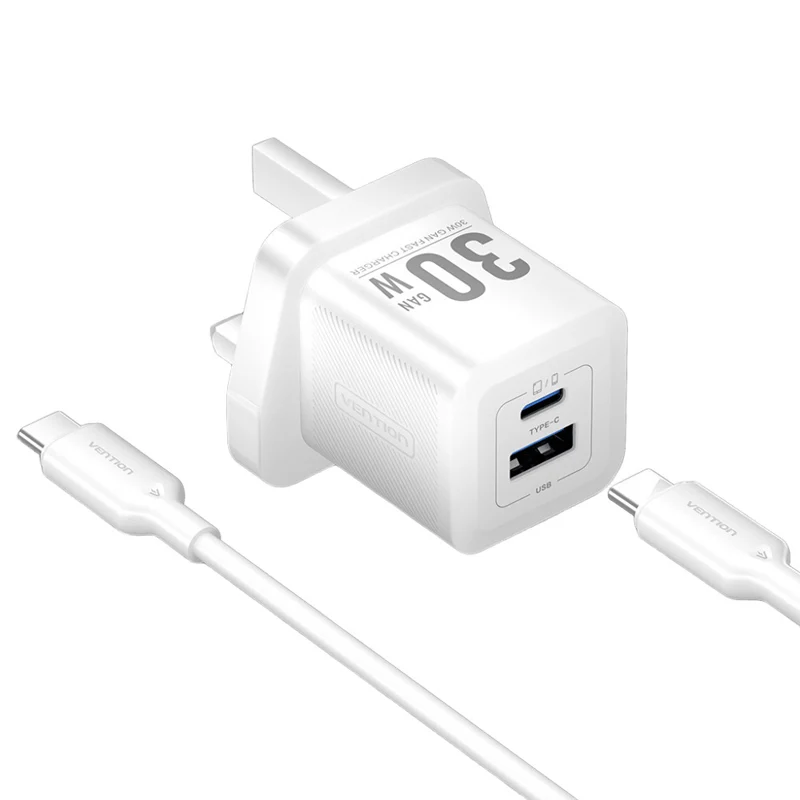 شاحن فينشن GaN بمنفذين مع كابل - 30 واط / USB-C / أبيض