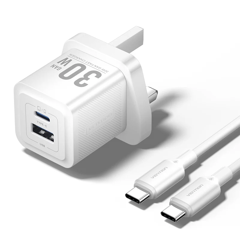 شاحن فينشن GaN بمنفذين مع كابل - 30 واط / USB-C / أبيض