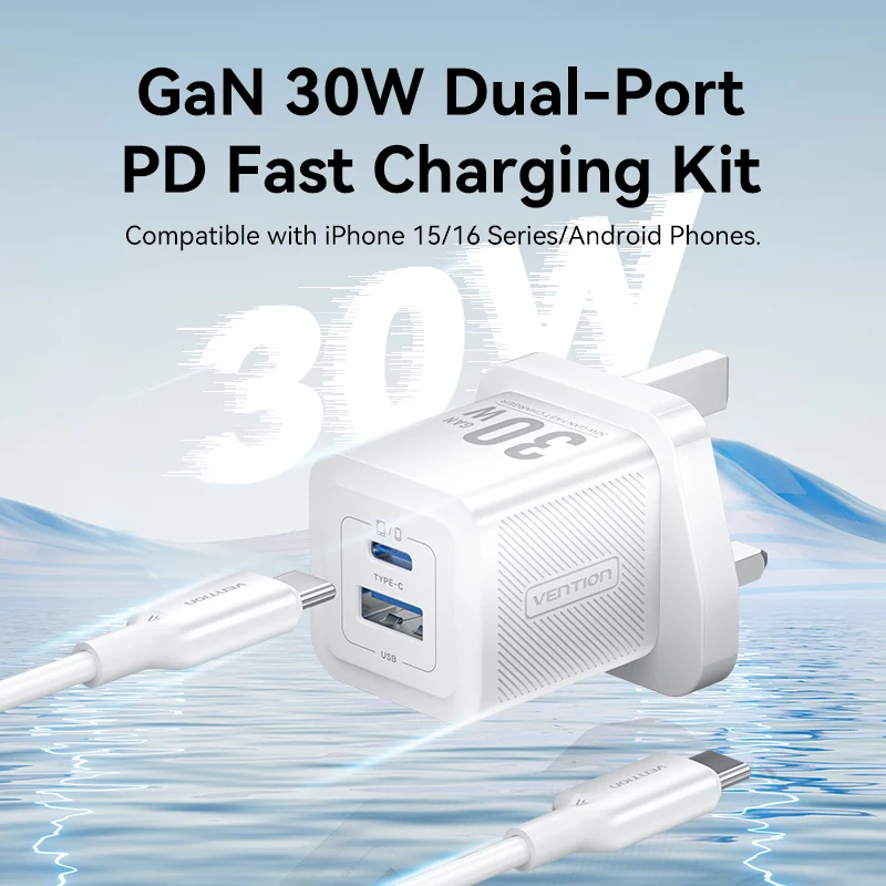 شاحن فينشن GaN بمنفذين مع كابل - 30 واط / USB-C / أبيض