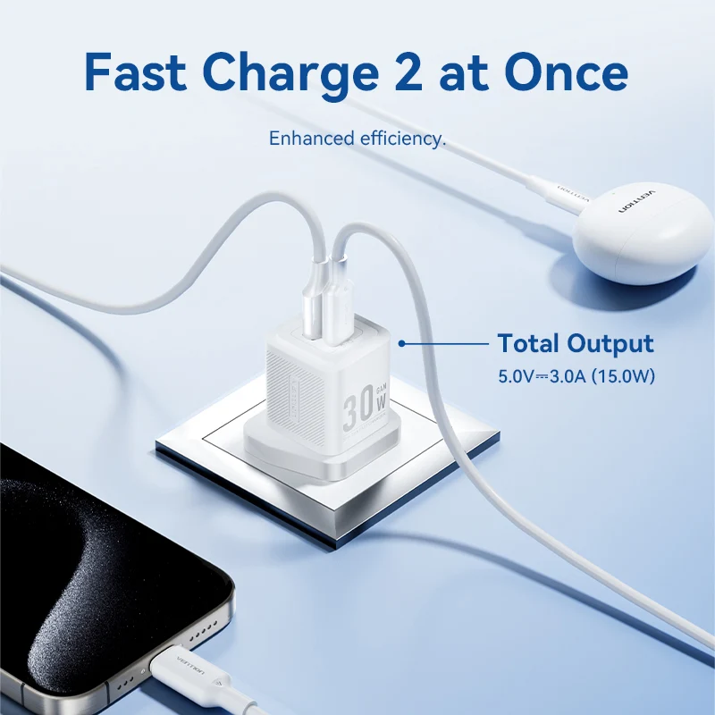 شاحن فينشن GaN بمنفذين مع كابل - 30 واط / USB-C / أبيض