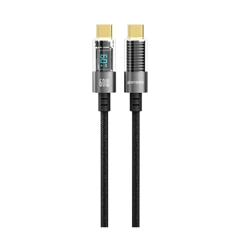 كابل مضفر بورودو مع شاشة PD - 60 واط / USB-C / 1.2 متر / أسود