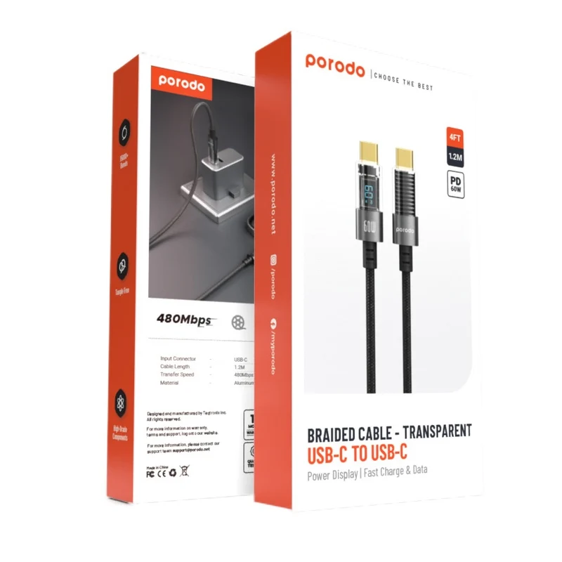 كابل مضفر بورودو مع شاشة PD - 60 واط / USB-C / 1.2 متر / أسود