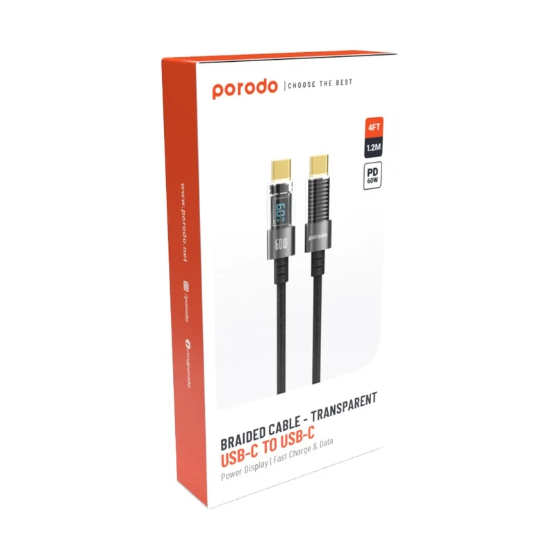 كابل مضفر بورودو مع شاشة PD - 60 واط / USB-C / 1.2 متر / أسود