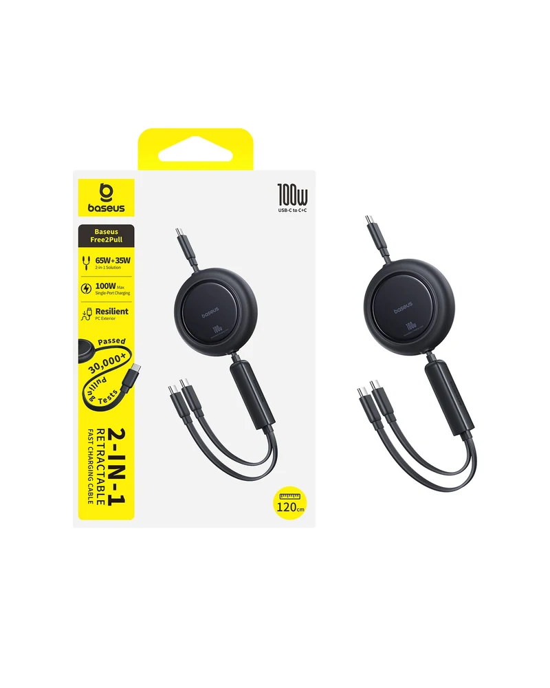 كابل شحن سريع قابل للسحب بيسوس فري 2 بول ميني 2 في 1، USB-C، 100 واط، 1.2 متر، أسود كوزميك