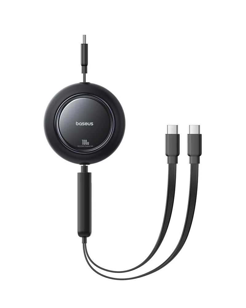 كابل شحن سريع قابل للسحب بيسوس فري 2 بول ميني 2 في 1، USB-C، 100 واط، 1.2 متر، أسود كوزميك