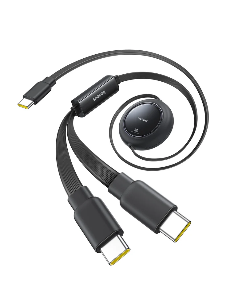 كابل شحن سريع قابل للسحب بيسوس فري 2 بول ميني 2 في 1، USB-C، 100 واط، 1.2 متر، أسود كوزميك