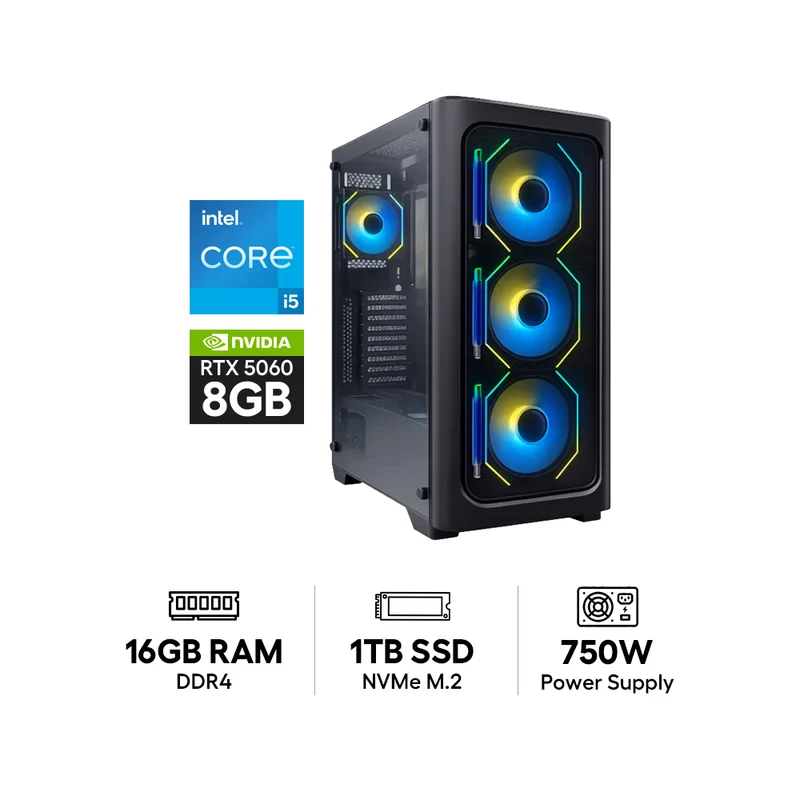 كمبيوتر ألعاب ج برو - معالج إنتل كور i5-14400F / لوحة أم H610M / ذاكرة وصول عشوائي DDR4 بسعة 16 جيجابايت / قرص حالة صلبة NVMe M.2 بسعة 1 تيرابايت / بطاقة معالج رسومات إنفيديا جيفورس RTX 5060 بسعة 8 جيجابايت / ويندوز 11 برو / مزود طاقة 750 واط