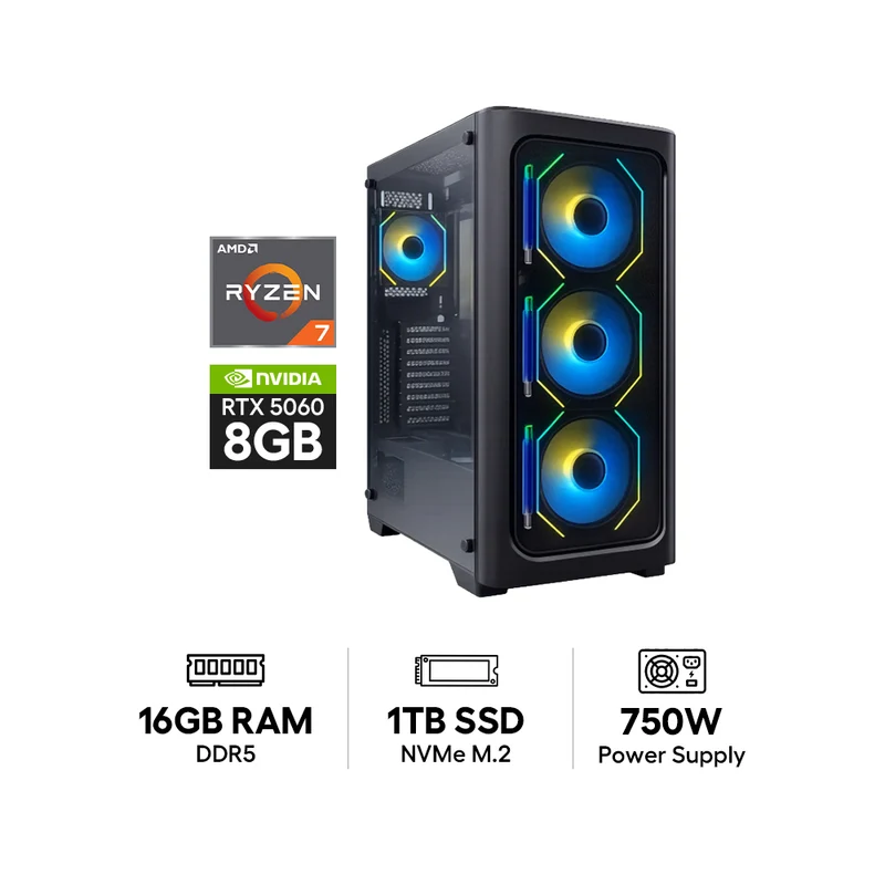 كمبيوتر ألعاب جي برو - معالج AMD رايزن 7-9700X / لوحة أم B850-S واي فاي / ذاكرة 16 جيجابايت DDR5 / محرك أقراص صلبة NVMe M.2 SSD بسعة 1 تيرابايت / بطاقة رسومات إنفيديا جي فورس RTX 5060 سعة 8 جيجابايت / ويندوز 11 برو / مزود طاقة 750 واط