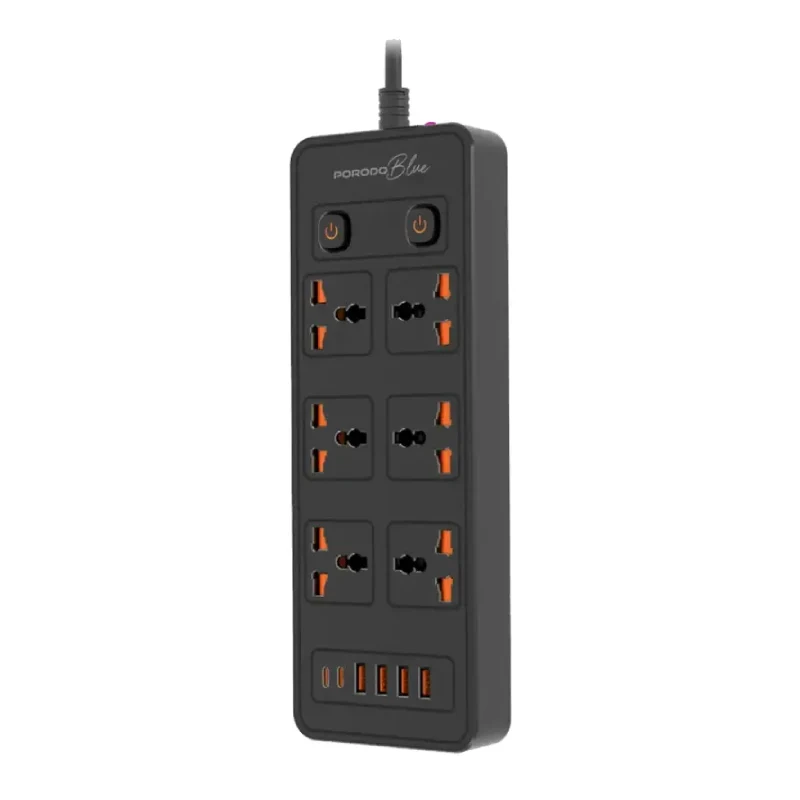 Porodo Blue 6 AC Dual Switch Power Strip - UK 3-Pin Plug / USB-C / USB-A / Black