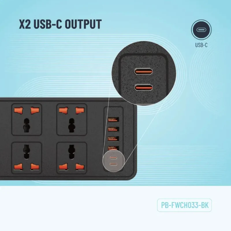 Porodo Blue 6 AC Dual Switch Power Strip - UK 3-Pin Plug / USB-C / USB-A / Black