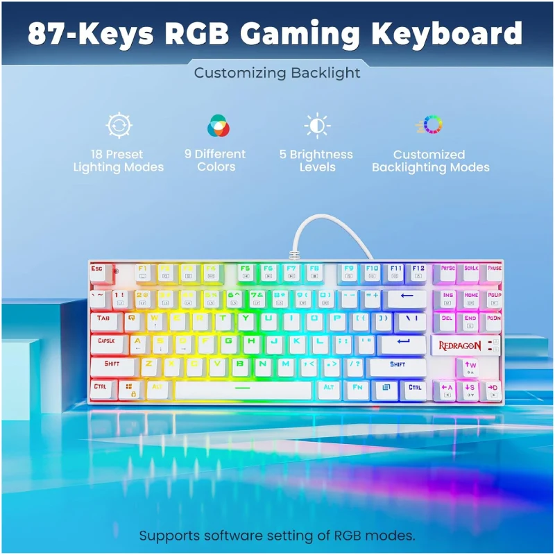 لوحة مفاتيح ألعاب ميكانيكية ريدراجون K552W-RGB، بحجم 60%، سلكية، 87 مفتاحًا، باللون الأبيض
