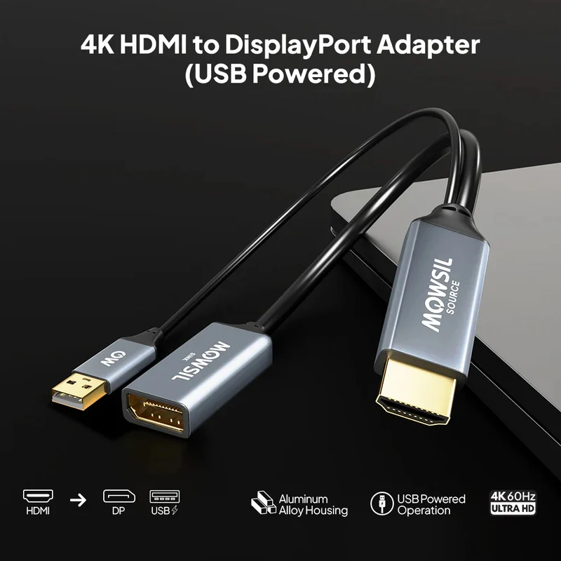 محول Mowsil HDMI إلى ديسبلاي بورت، 4K، فضي