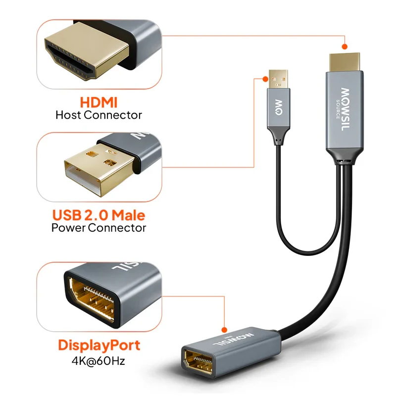 محول Mowsil HDMI إلى ديسبلاي بورت، 4K، فضي