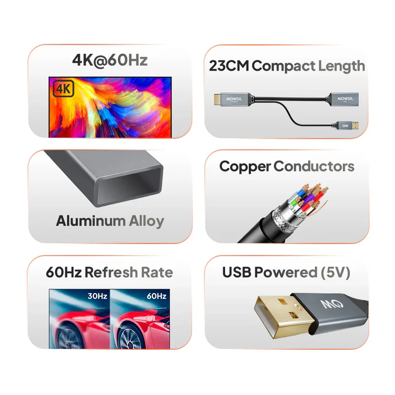 محول Mowsil HDMI إلى ديسبلاي بورت، 4K، فضي