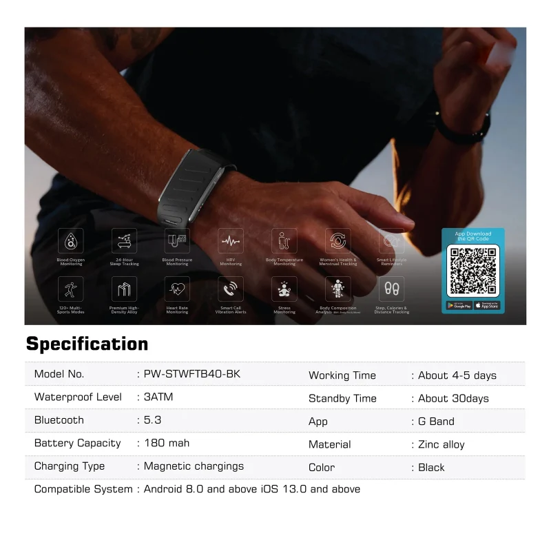 سوار باوا ريفا بدون شاشة مع وظيفة ECG - بلوتوث / بطارية 180 مللي أمبير ساعة / أسود