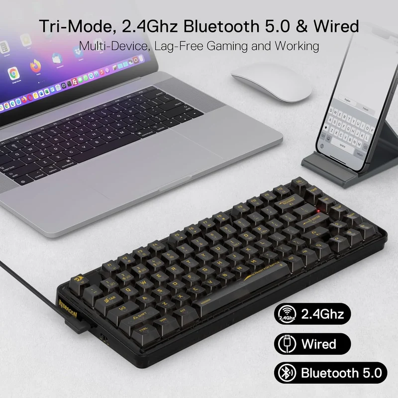 Redragon K649 ELF PRO 3-Mode RGB Mechanical Keyboard - Wired / Wireless / 82 Keys / Transparent Black- Keyboard