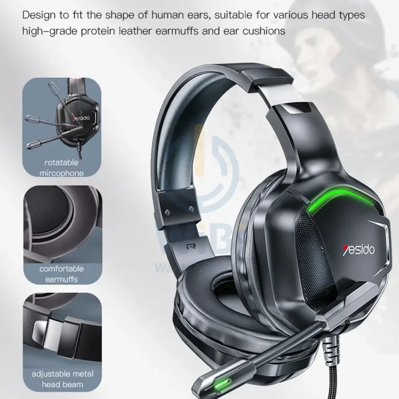 Yesido EK01 Gaming HeadPhone With Microphone - 1.2M / 3.5mm Jack / USB - Black