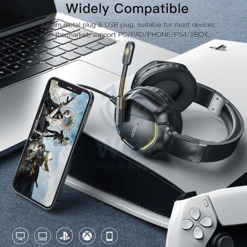 Yesido EK01 Gaming HeadPhone With Microphone - 1.2M / 3.5mm Jack / USB - Black