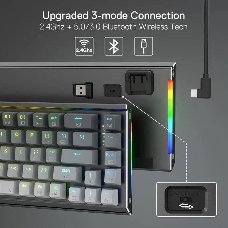 لوحة مفاتيح ألعاب ميكانيكية ريدراجون K641 برو بحجم 65% من الألومنيوم بإضاءة RGB - رمادي