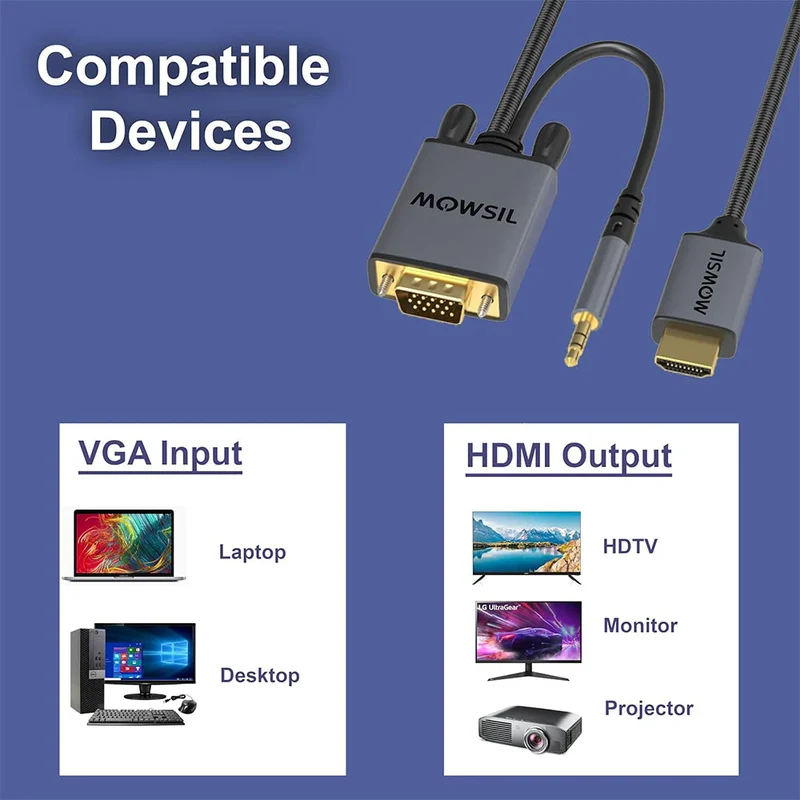 كابل موصيل VGA إلى HDMI مع صوت، بطول 2 متر