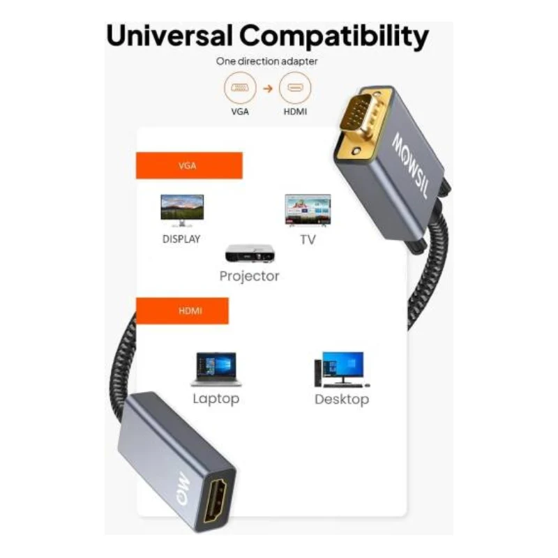 محول موسيل VGA إلى إتش دي إم آي - 1080p / فضي