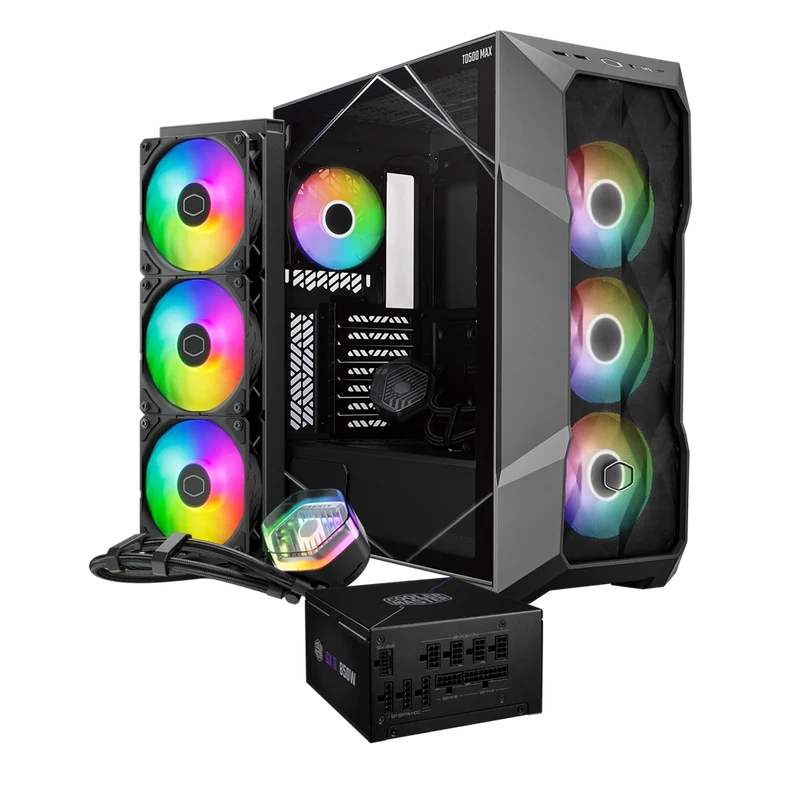 حافظة كمبيوتر كولر ماستر TD500 ماكس + مزود طاقة جولد 850 واط ATX3.0 ماكس + تبريد ML360 أتموس ماكس