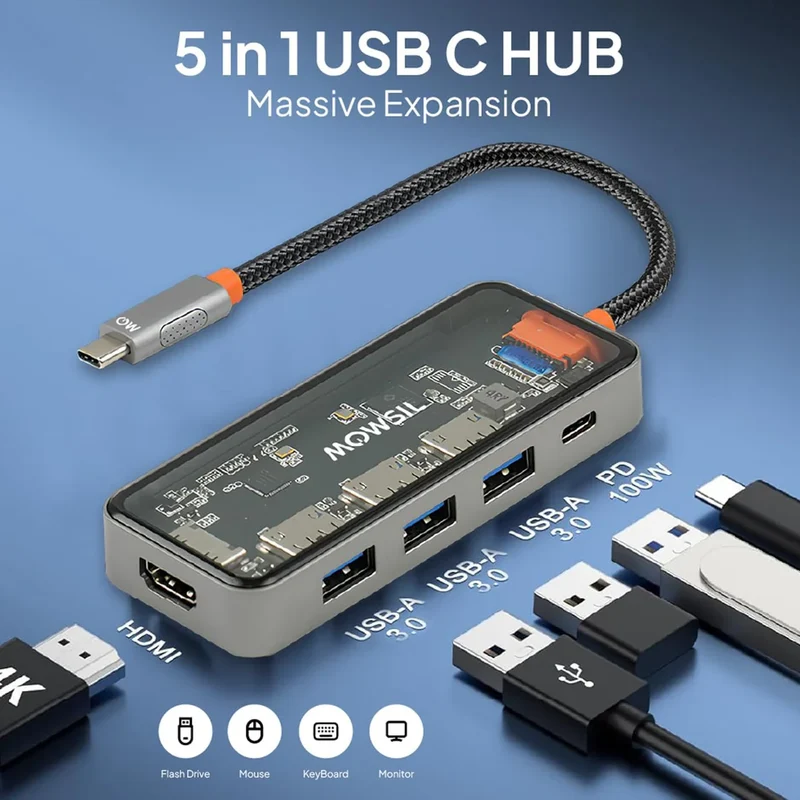 موزع موصيل 5 في 1 يو إس بي-C، مع HDMI، يو إس بي 3.0، تايب-C، وتوصيل الطاقة PD بقدرة 100 واط