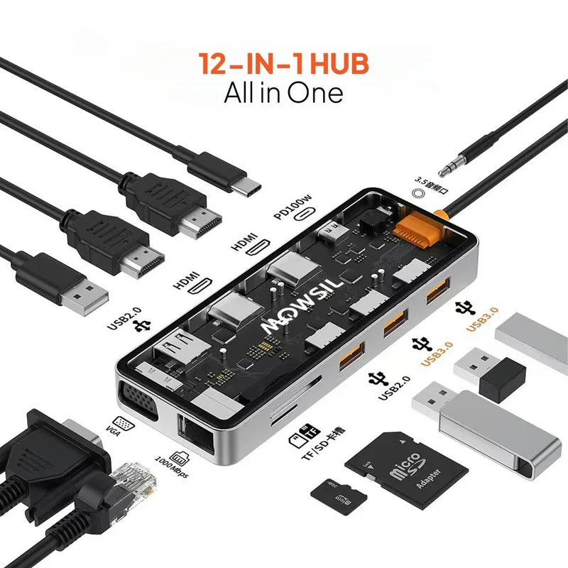 موزع موسيل 12 في 1 يو إس بي سي - إتش دي إم آي / VGA / RJ45 / يو إس بي / تايب سي / SD / TF / صوت / فضي