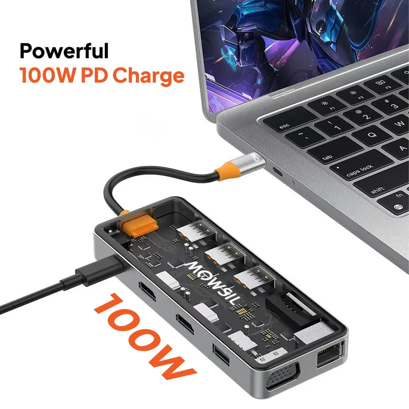 موزع موسيل 12 في 1 يو إس بي سي - إتش دي إم آي / VGA / RJ45 / يو إس بي / تايب سي / SD / TF / صوت / فضي