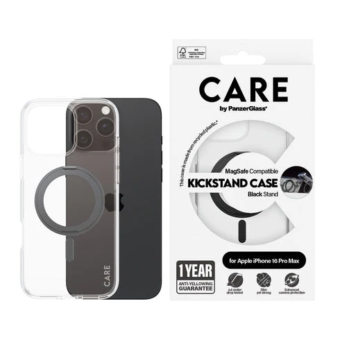 حافظة بانزر جلاس فيتشر ماج سيف مع ستاند لآبل آيفون 16 برو ماكس، باللون الأسود