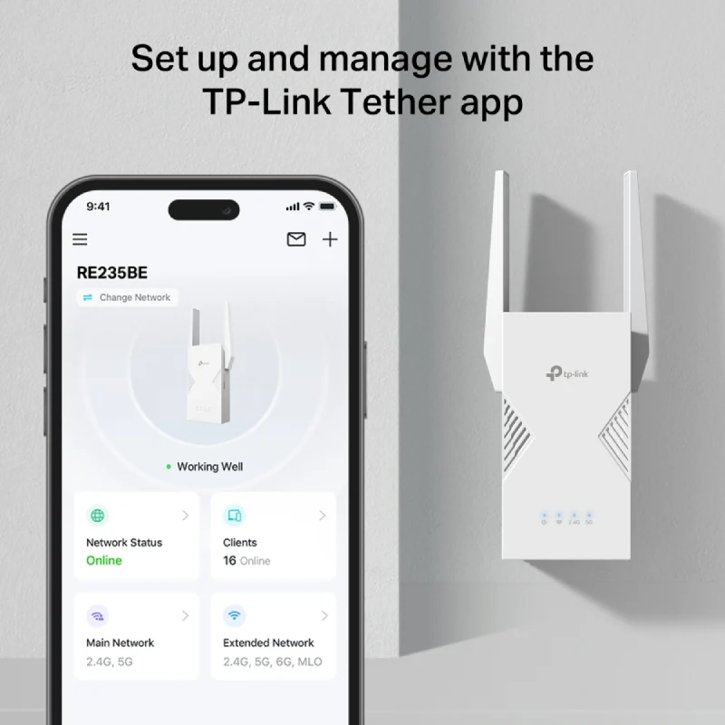 موسع نطاق تي بي-لينك RE235BE BE3600، ثنائي النطاق، واي فاي 7، بقدرة 15 واط، بتردد 5 جيجاهرتز و2.4 جيجاهرتز، منفذ إيثرنت واحد