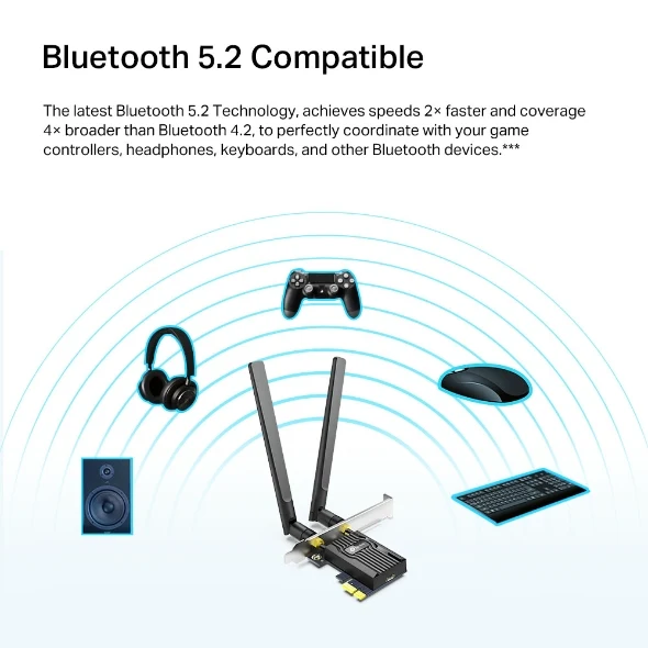 محول تي بي-لينك آرتشر TX20E AX1800، واي فاي 6، بلوتوث 5.2، PCIe، بسرعة 1201 ميجابت في الثانية بتردد 5 جيجاهرتز، PCIe