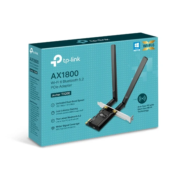 محول تي بي-لينك آرتشر TX20E AX1800، واي فاي 6، بلوتوث 5.2، PCIe، بسرعة 1201 ميجابت في الثانية بتردد 5 جيجاهرتز، PCIe