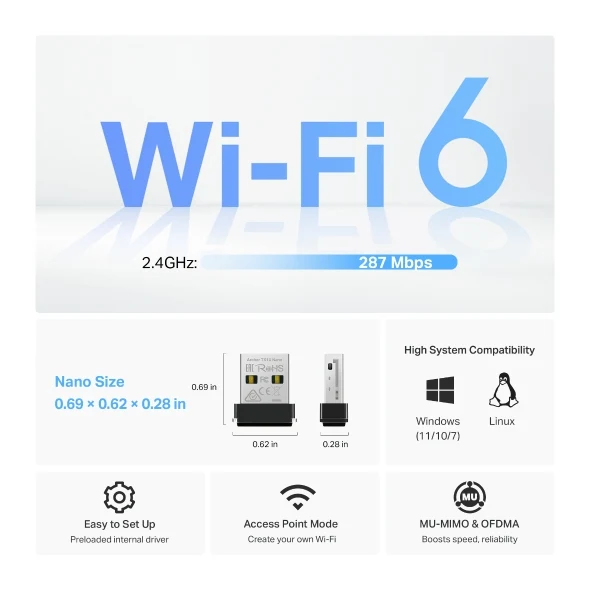 محول USB لاسلكي تي بي لينك آرتشر TX1U نانو، AX300، Wi-Fi 6