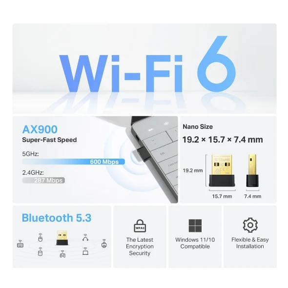 محول تي بي-لينك آرتشر TX10UB AX900 نانو، واي فاي 6، بلوتوث 5.3، يو إس بي