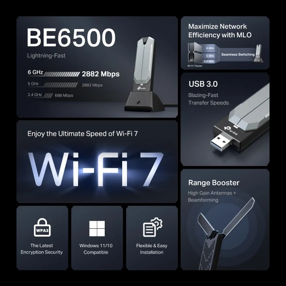 محول USB لاسلكي عالي الكسب TP-Link آرتشر TBE400UH BE6500، Wi-Fi 7، سرعة 2880 ميجابت في الثانية عند 5 جيجاهرتز، USB 3.0